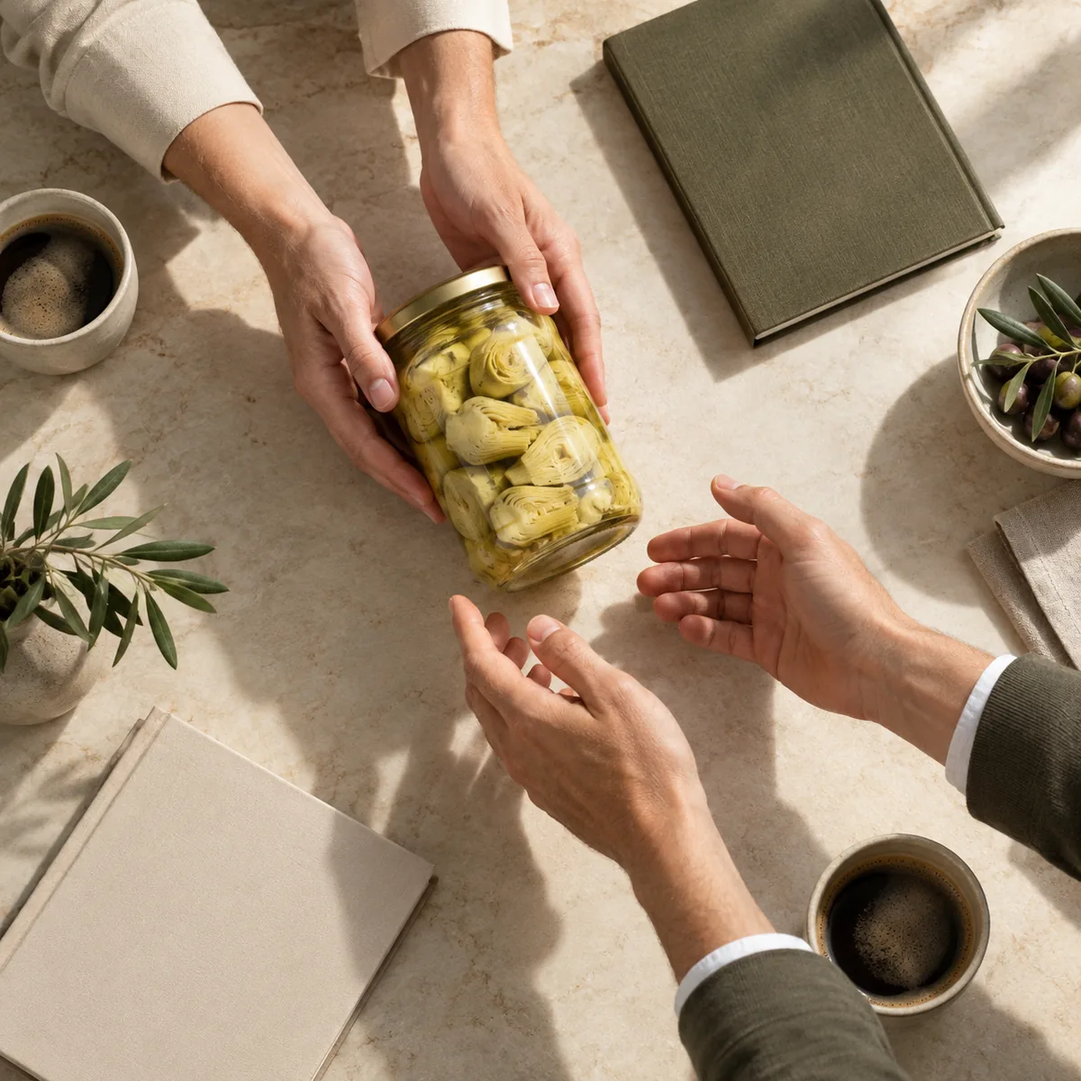 Muestras de producto presentadas en una mesa de reunión comercial