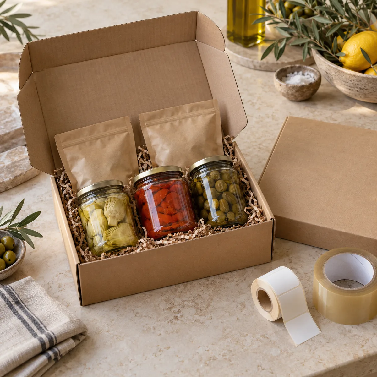 Muestras de producto embaladas en una caja, listas para enviar