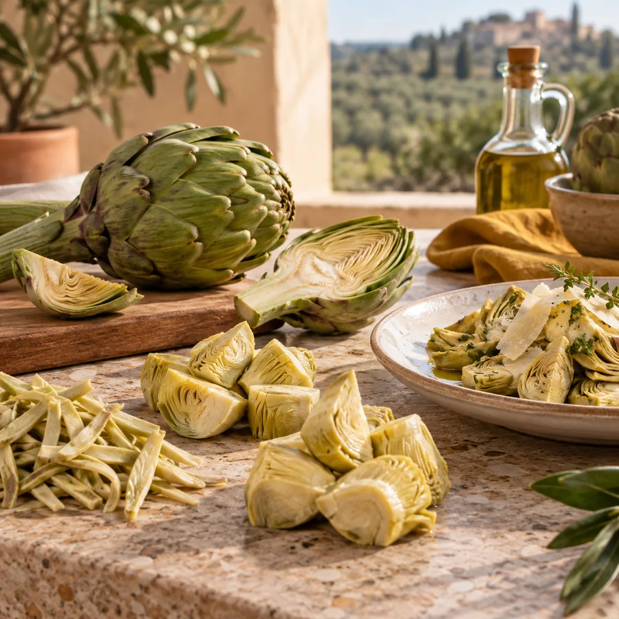 Alcachofa presentada en distintos cortes y aplicaciones alimentarias