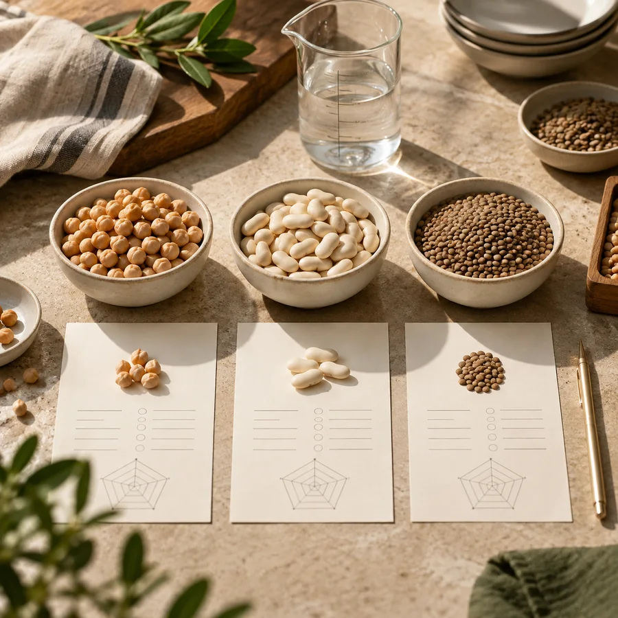 Garbanzos, alubias y lentejas preparados para una comparación homogénea