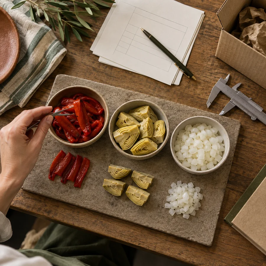 Muestras de pimiento, alcachofa y cebolla durante la definición de una especificación