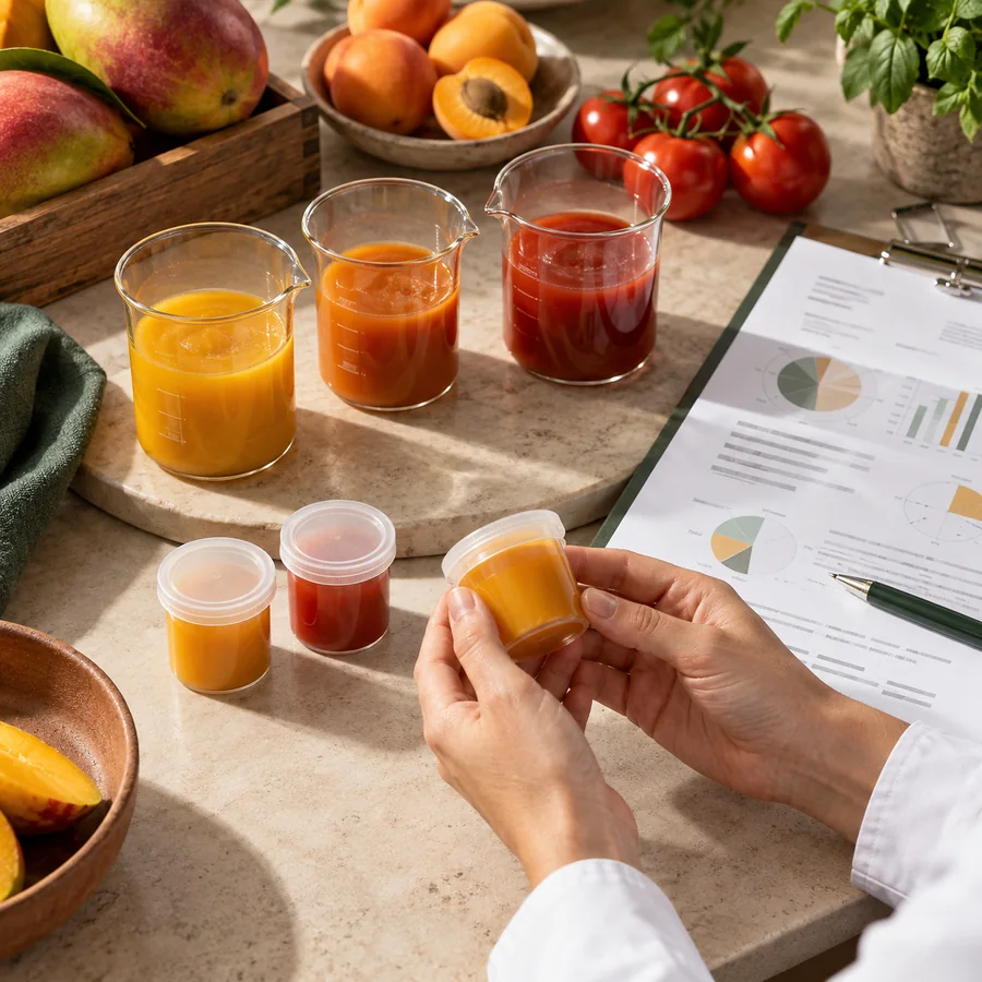 Muestras técnicas de purés de fruta y tomate para evaluación
