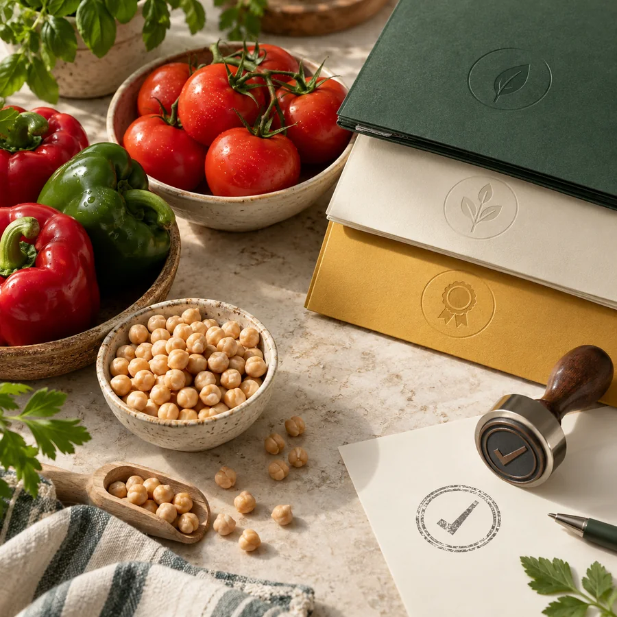 Documentación de certificación junto a tomates, pimientos y garbanzos