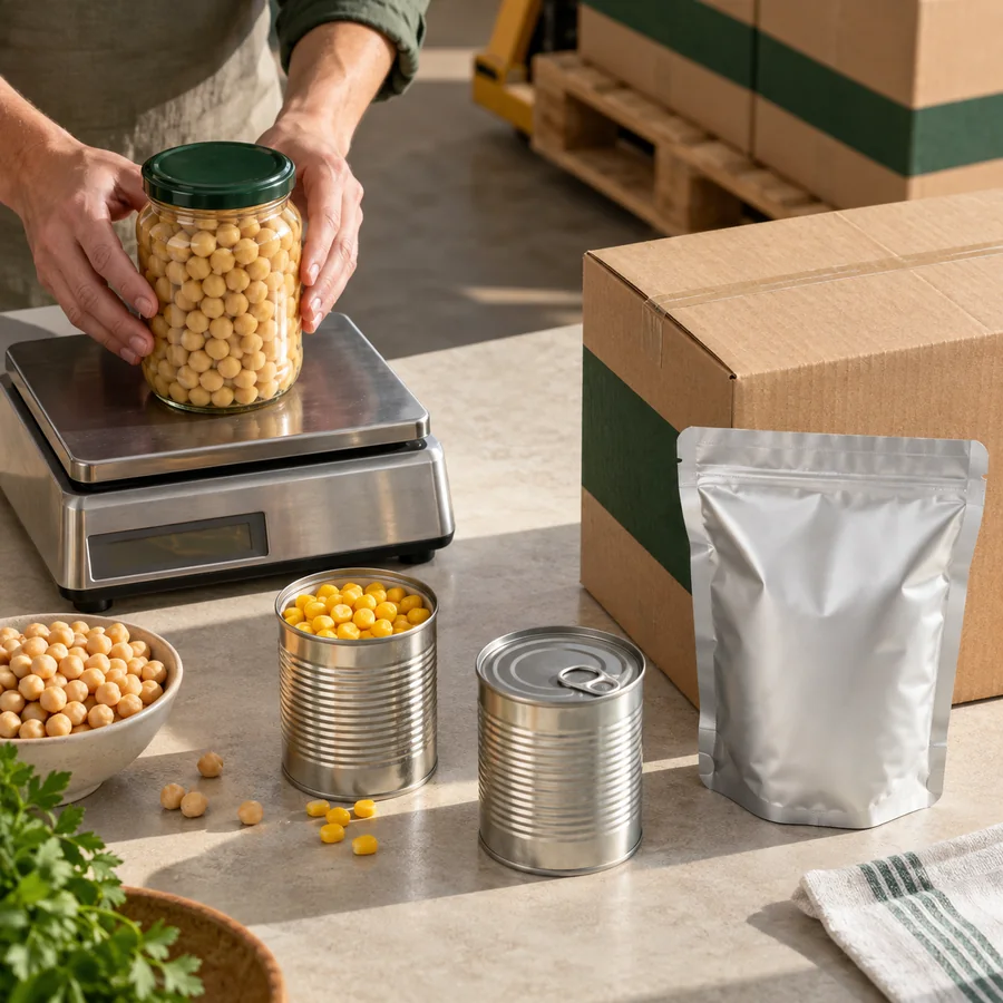 Formatos de tarro, lata, bolsa industrial y caja preparados para pesaje y paletización